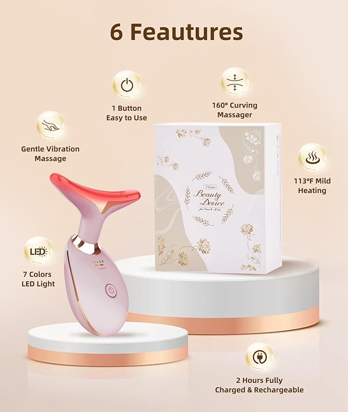 7 Color Face and Neck Massager Light Therapy, Red Light Based Facial Massager for Skin Care, Firming, Smoothing (Pink)