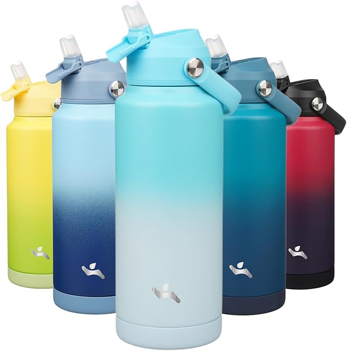 Insulated Water Bottle with Straw Lid,32 oz Stainless Steel Vacuum Metal Bottle with Silicone Handle,Sea Salt