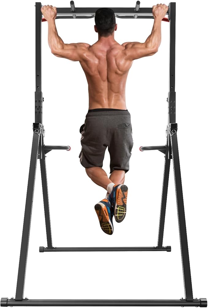 Foldable Power Tower Pull Up Bar Dip Station, 200kg/440.92lbs Triangular Pull Up Bar Station Adjustable, Multi-Function Strength Training Fitness Equipment for Home Gym