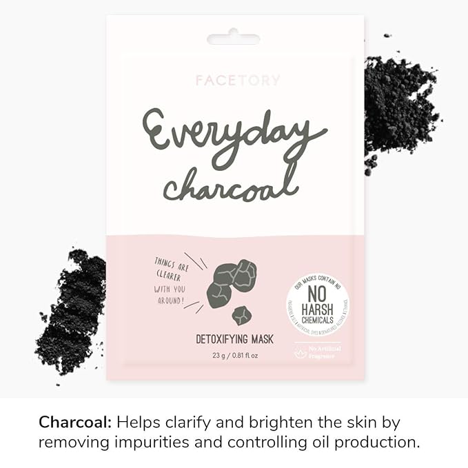 FACETORY K Beauty Face Mask Skin Care - Everyday CHARCOAL Detoxifying Sheet Mask | Plant-Based Charcoal Face Mask (10 Pack)