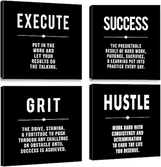 Motivational Grit Success Execute Success Quotes Canvas Wall Art -Inspirational Office Wall Art Poster Quotes - Canvas Artwork Picture Print Framed for Home Bedroom Office Wall Decor-16 x16 x4pcs