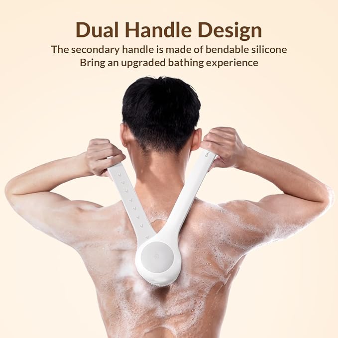 Electric Body Brush Back Scrubber for Shower, Waterproof Long Dual Handle Power Body Scrubber with 3 Heads, Rechargeable Bath Brush & 2 Speeds, for Cleansing, Exfoliating and Massaging Skin