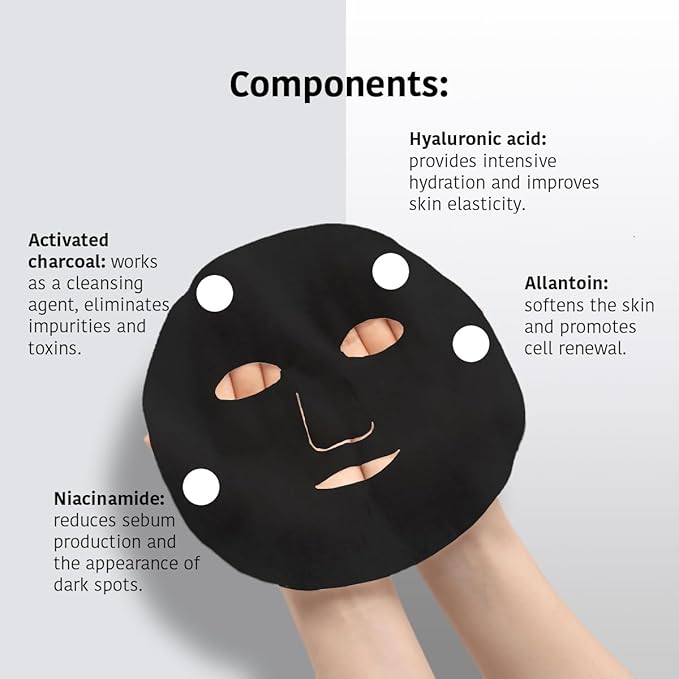 IROHA NATURE Face Masks - Packs for Better Skin (Pack of 5, Rebalancing & Hydrating Tissue Face Mask with Charcoal & Hyaluronic Acid)