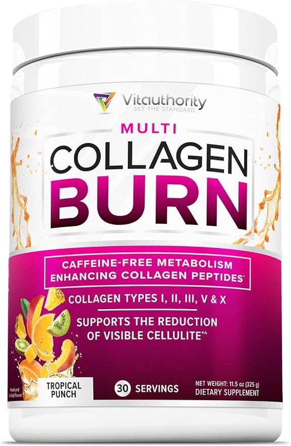 Hydrolyzed Collagen Peptides Powder for Women - Slimming MultiCollagen Burn Ultimate Beauty Complex with Hyaluronic Acid Vitamin C & Types I II III V and X for Women Tropical Punch 30 Servings