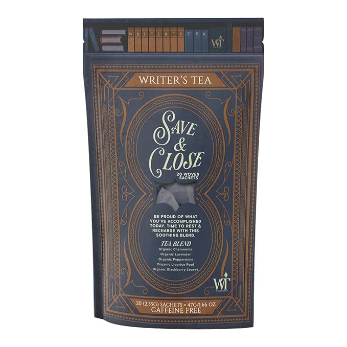 Writer's Tea Save & Close - Nighttime Tea - Chamomile, Lavender, Peppermint, Licorice Root, and Blackberry Leaves Tea Blend - Caffeine Free - 20 Woven Sachets