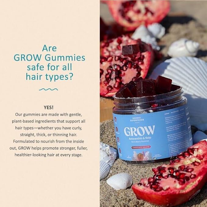 Grow Hair & Beauty Gummies, Supplement with Zinc, Vitamin E, Astaxanthin, Kelp, & Pumpkin Seed, Plant Based Gummies for Women & Men, Gluten Free, Vegan, American Made, 60 Count