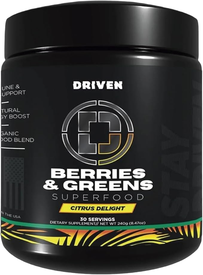 Driven B&G Berries & Greens Superfood Powder, 30 Servings - Organic Plant-Based Formula with Probiotics & Digestive Enzymes -Supports Recovery, Healthy Digestion, and Immune Function (Citrus Delight)