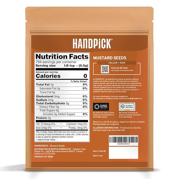 HANDPICK Yellow Mustard Seed (397g/14oz) Non GMO, Gluten Free, 100% Raw, Sourced from India, For Cooking, Pickles, Packed in Resealable Ziplock Pouch