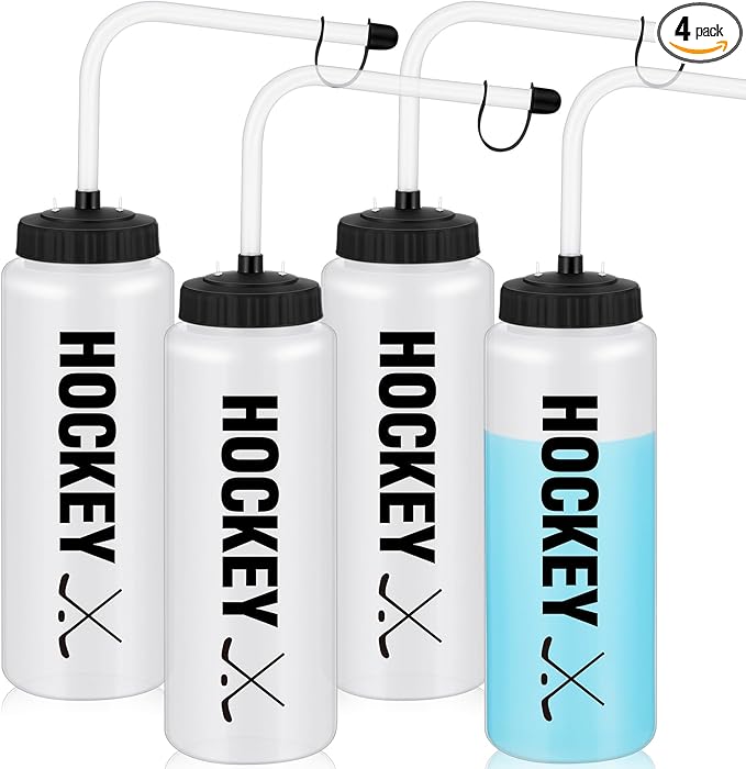 Domensi 4 Pack 1 Liter Sports Water Bottle W/Long Straw Hockey Lacrosse BPA Free Easy Squeeze Plastic Bottle Use W/Sport Helmet in Football Baseball Gym Yoga (Translucent,Novel)