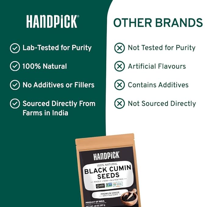 HANDPICK Black Cumin Seed (14oz) Pure Nigella Seeds - No Salt or Preservatives, Non GMO | Indian Black Whole Cumin | Gluten Free, Aromatic & Farm Fresh Kalonji | Resealable Zip Lock Pouch