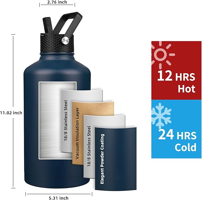 Insulated Water Bottle 64oz,Triple Wall Vacuum Stainless Steel(Dishwasher Safe),Leak Proof & Non-BPA,Flask Jug with Paracord Handle & Straw Spout Lids Sports