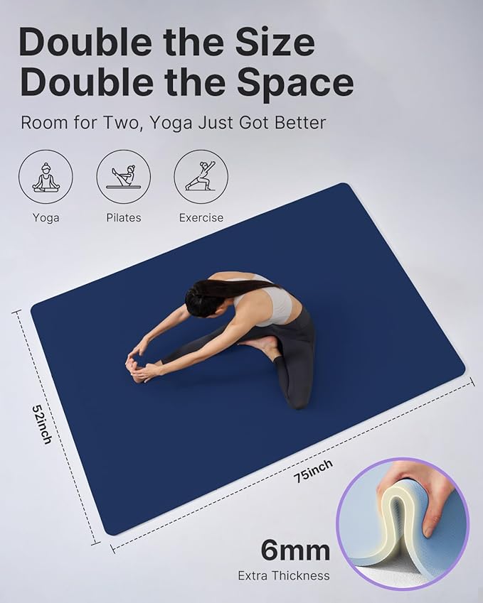 YOTTOY Large Yoga Mat (75 * 52 * 1/2inch),Extra Wide TPE Exercise Mat,Non-Slip Workout Mat for Pilates, Fitness, Barefoot, Home Gym Studio with Strap and Towel