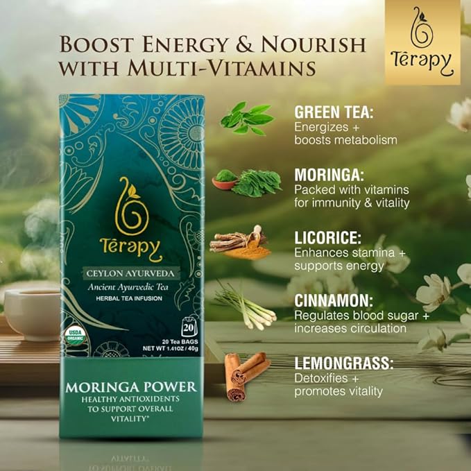 Térapy Ceylon Organic MORINGA TEA | USDA Organic Herbal Tea Bags| Helps with Vitality & Antioxidants | 100% Natural Ayurvedic Ingredients | 20 Individually Wrapped Tea Bags