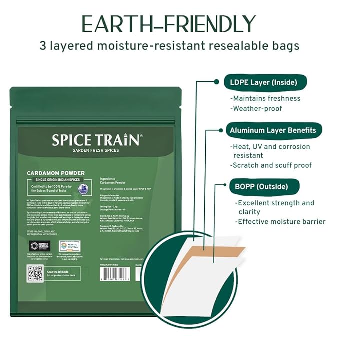 Cardamom Powder (100g/3.53oz) Gluten Free, Raw Ground Elaichi for Cooking, Smoothies, Lattes, Masala Tea, Packed in Resealable Zip Lock Pouch