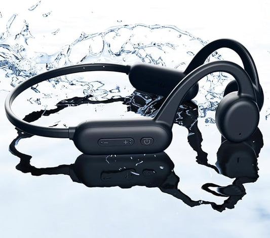 IHAO Swimming Headphones True Bone Conduction Open Ear Headset MP3 Player Built-in 32G Memory IP68 Underwater Waterproof Stereo Bluetooth Earphone for Driving Bicycling Running Skiing-X18 Black