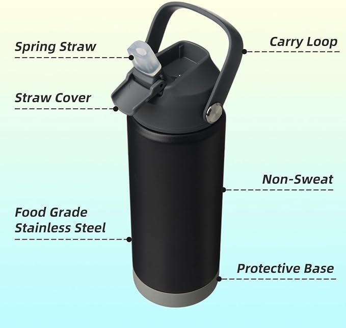 Insulated Water Bottle with Straw Lid,18 oz Stainless Steel Vacuum Metal Bottle with Silicone Handle,Black