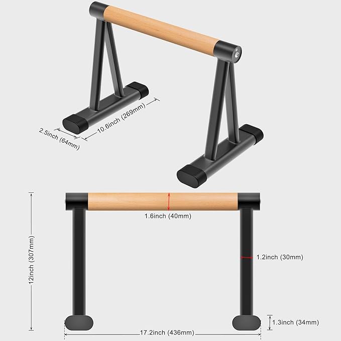 Dolibest Push Up Bar, 12'' High Parallettes Bars with 8 Rubber Feet & Comfortable Handle, Dip Bars with Stable Triangle Base for Calisthenics, Handstand, Gym & Home Exercise, Easy Assembly (600LB)