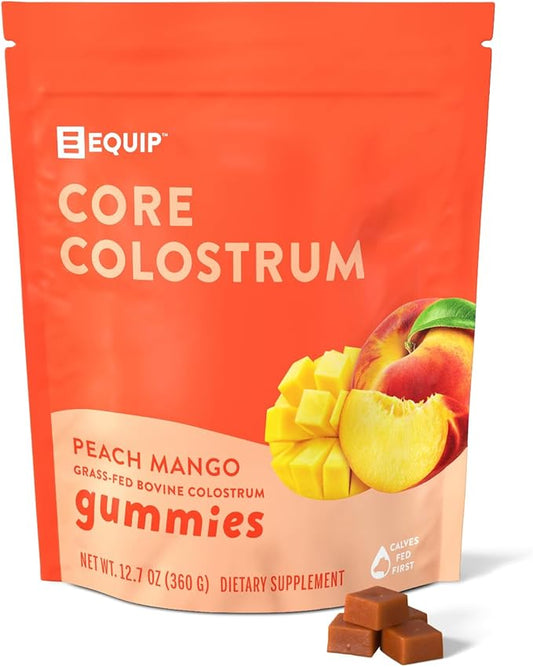 Equip Foods Core Bovine Colostrum Gummies, Delicious 1g Per Seving Grass Fed Colostrum Supplement - Gut Health, Immunity, Recovery, Hair & Skin - 60 Bovine Colostrum Gummies, 30 Servings, Peach Mango