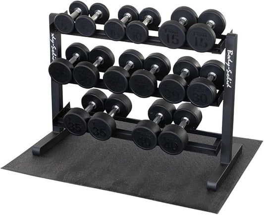 Body-Solid (GDR363-SDP) Round Rubber Dumbbell Set with Rack and Floor Mat, Includes 5-40 lb Dumbell Pairs with Chrome-Plated Handles, Commercial and Home Gym Weight Holder for Dumbbells