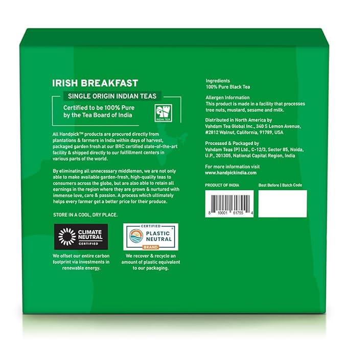 HANDPICK, Irish Breakfast Black Tea Bags (100 Count) Gluten-Free, Non-GMO | Strong, Robust & Bold Flavor | Round Eco-Conscious Tea Bags