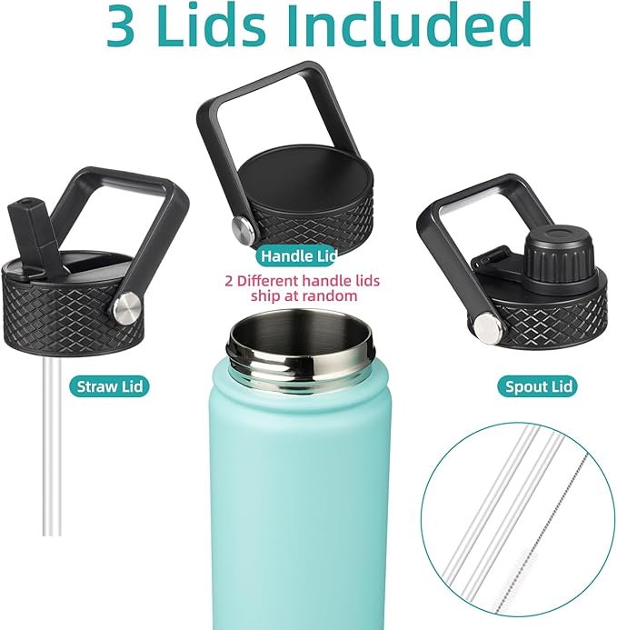 Insulated Water Bottle with Straw,18oz 3 Lids Metal Bottles Stainless Steel Water Flask,Turquoise