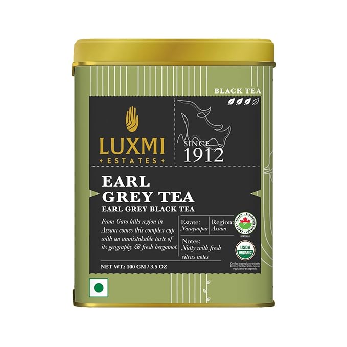 Luxmi Estates Garo Hills Earl Grey Tea 100gm Tin | Certified Organic Black Tea
