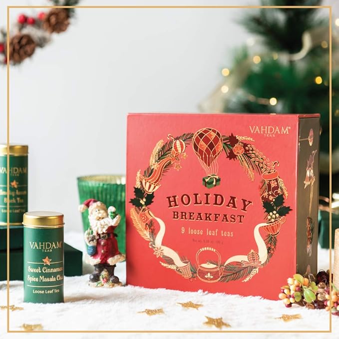 VAHDAM, Holiday Breakfast - Christmas Tea Gift Sets (90+ Cups) 9 Loose Leaf Tea - Luxury Gift Box | Christmas gifts 2024 Ideas | Christmas Gifts For Women, Men & Adults I Holiday Tea Gift Box