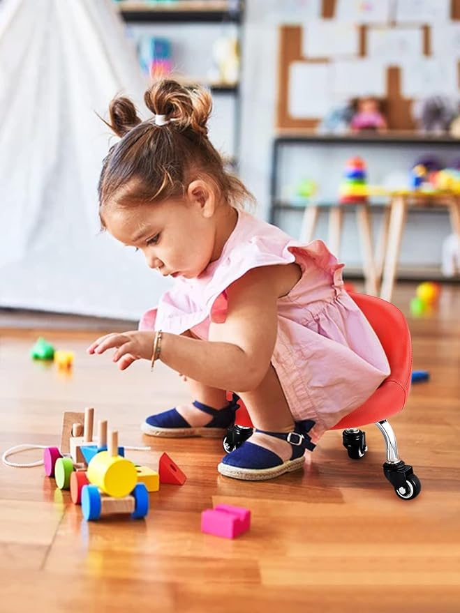 Lanstics Low Rolling Stool with Leather Roller Seat and Backrest - Universal Wheels for Home Office and Fitness (Red)