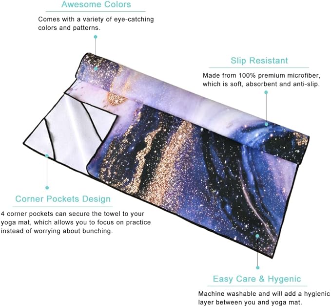 QiyI Yoga Mat Towel with Corner Pockets, Non Slip Sweat Absorbent Hot Yoga Towels, Soft Yoga Blankets with Travel Bag, Skidless Mat Cover for Workout, Gym, Fitness - 70"x26", Purple & Pink Grain
