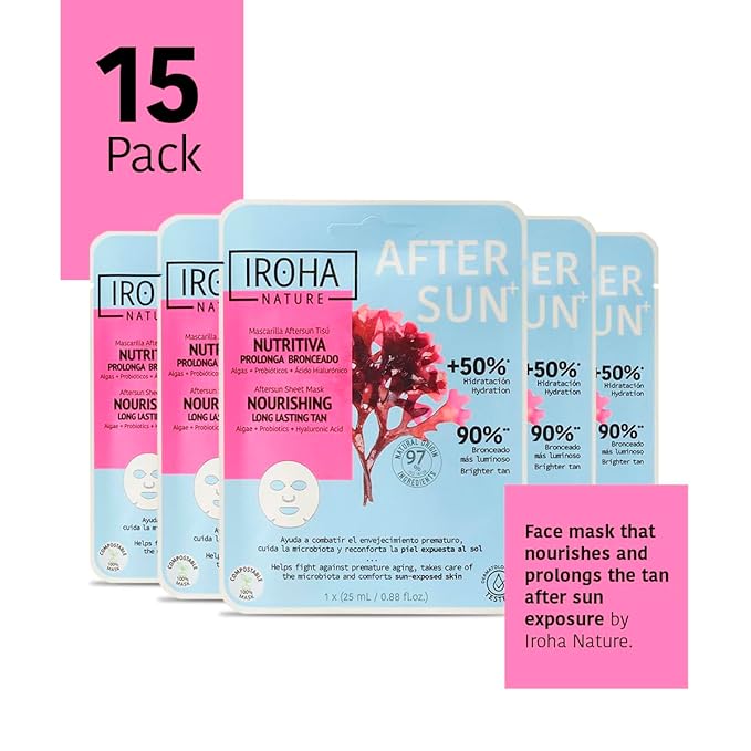 IROHA NATURE AFTERSUN Facial Mask that Nourishes & Prolongs Tan | 15 Pack | With Algae, Probiotics & Hyaluronic Acid | More Hydrated, Strengthened & Glowing Skin | Anti-Aging
