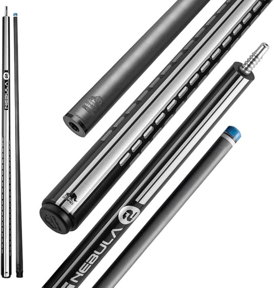 RHINO Nebula 2 Pool Cue - 100% Carbon Fiber Shaft & Composite Butt. Time Crystal Tip, Pro Taper Design, 12.4 mm,12.8 mm. 3/8-8 Joint, 3D Friction Grip. Low Deflection Pool Cue