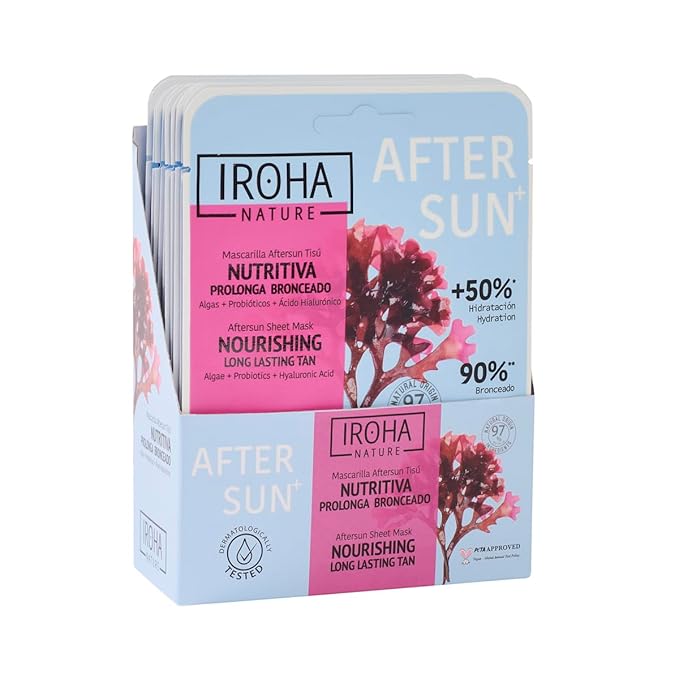 IROHA NATURE AFTERSUN Facial Mask that Nourishes & Prolongs Tan | 15 Pack | With Algae, Probiotics & Hyaluronic Acid | More Hydrated, Strengthened & Glowing Skin | Anti-Aging