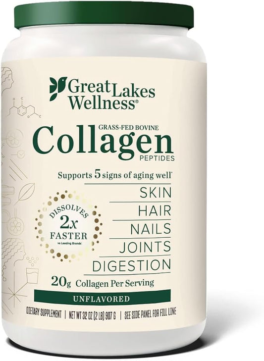 Great Lakes Wellness Bovine Collagen Peptides Powder for Skin, Hair, Nails, Joints & Digestion - Unflavored - Quick Dissolve Hydrolyzed, Non-GMO, Kosher - 32 oz