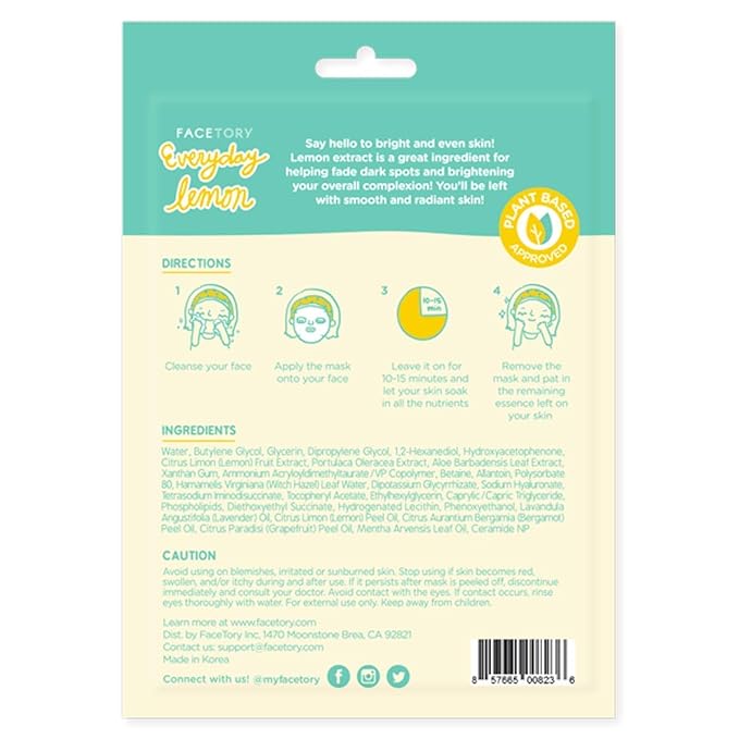 FACETORY K Beauty Face Mask Skin Care - Everyday LEMON Brightening Sheet Mask | Plant-Based with Lemon Extract (10 Pack)