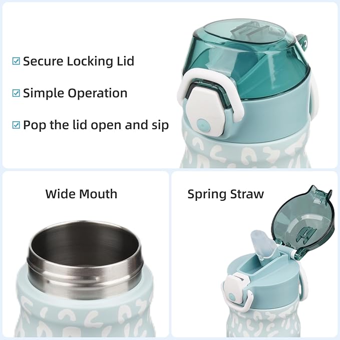 Insulated Water Bottle with Straw and Carry Loop,18 oz Stainless Steel Double Wall Vaccum Metal Water Flask with Leak-proof Lid,Light Blue Leopard