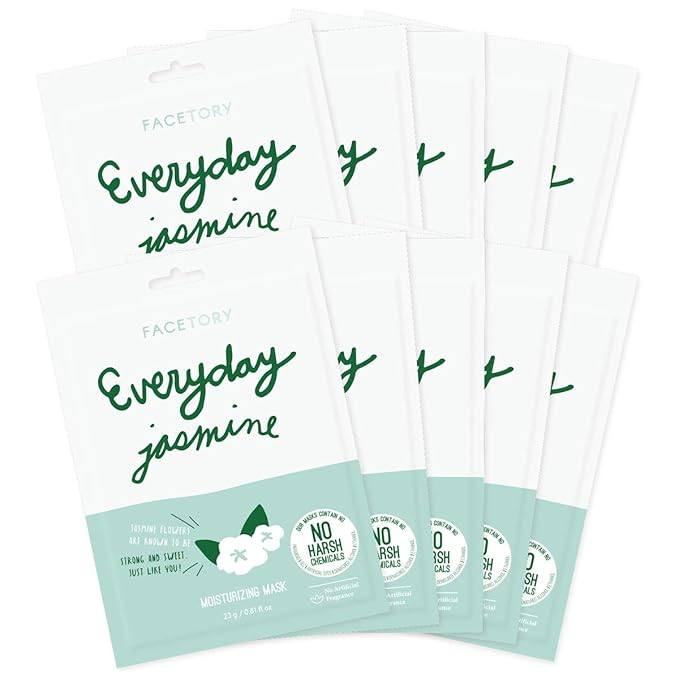 FACETORY K Beauty Face Mask Skin Care - Everyday JASMINE Moisturizing Sheet Mask | Plant-Based with Jasmine Infusion (10 Pack)