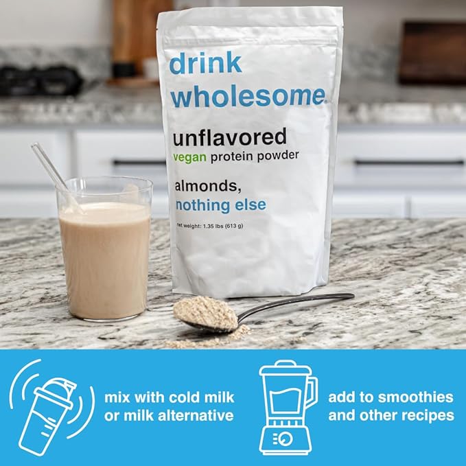 drink wholesome Vegan Unflavored Almond Protein Powder | for Sensitive Stomachs | Additive & Dairy Free | No Artificial Sweeteners | No Bloating, Farts or Gas | No Constipation or Diarrhea