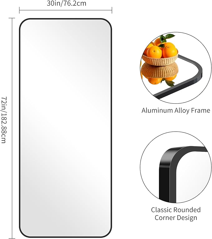 FORBATH Large Bathroom Mirror 72x30 Inches, Black Oversized Wall Mirror for 2 Sinks Aluminum Frame Wall Mounted Rounded Corner Morndern Mirror for Bathroom Bedroom Entryway Living Room