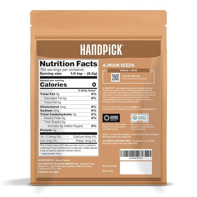 HANDPICK Ajwain Seeds (397g/14oz) Whole Carom Seeds | Vegan, Gluten free, Non GMO | Raw Carom Bishops, Indian Origin | Packed in Resealable Ziplock Pouch