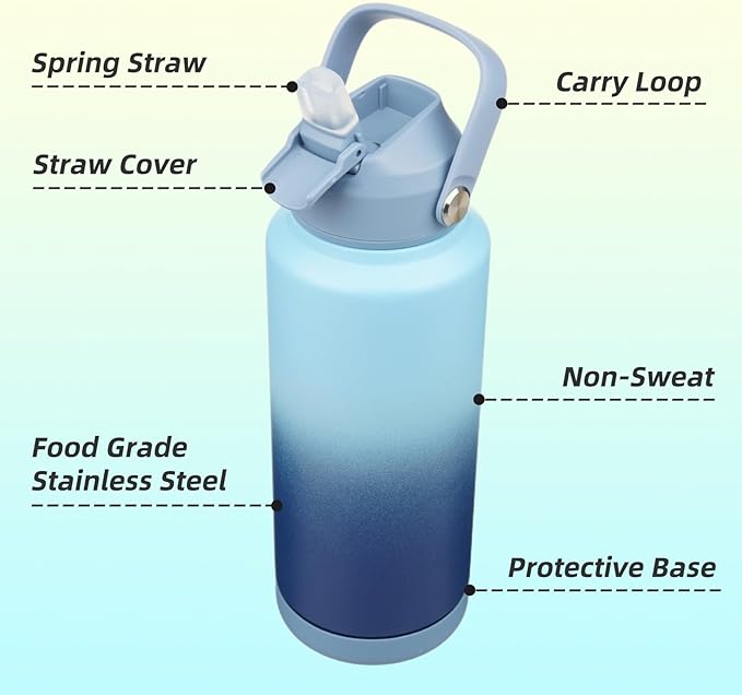 Insulated Water Bottle with Straw Lid,32 oz Stainless Steel Vacuum Metal Bottle with Silicone Handle, Sky