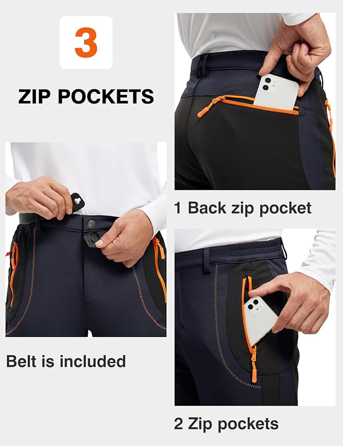 TBMPOY Men's Snow Ski Hiking Pants Waterproof Winter Fleece Lined Pants Camping Skiing Ice Fishing Pants with Belt