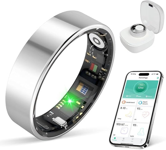 Smart Health Ring for Women & Men Fitness Tracker with Heart Rate, Blood Pressure,Blood Oxygen,Step Counting, Sleep Monitoring,IP68 Waterproof for iPhone and Android, No Subscription Fee (Silver, 7)