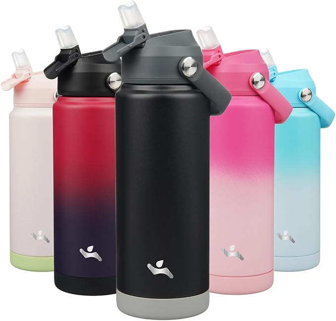 Insulated Water Bottle with Straw Lid,24 oz Stainless Steel Vacuum Metal Bottle with Silicone Handle,Black