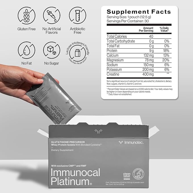 Immunocal Platinum Glutathione Precursor – Whey Protein Isolate, Anti-Aging, Skin + Cell Renewal, Immune Support, Detox + Bone Support | Fat and Sugar Free, Lactose-Intolerant Friendly | 30 Servings