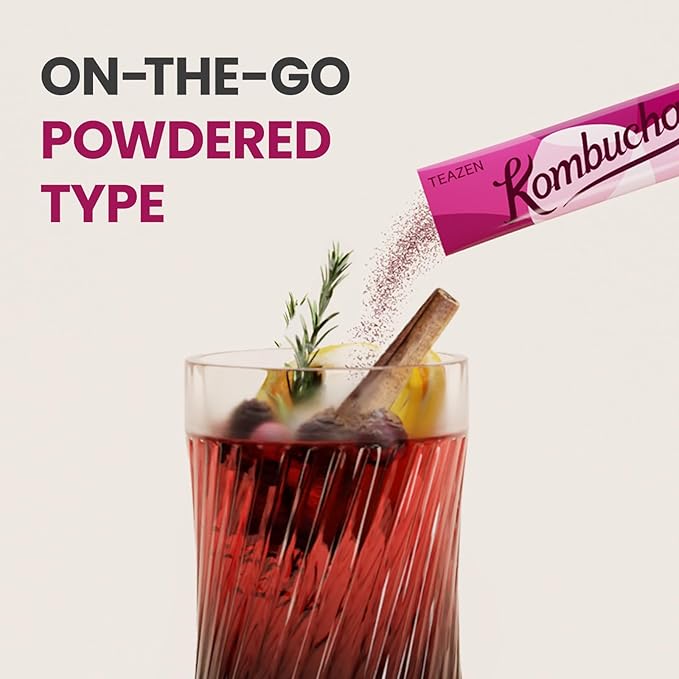 TEAZEN Mulled Wine Kombucha Tea, Live Probiotics & Postbiotics, Relaxation and Warmth for Colds and Sore Throat, Electrolyte & Hydration Drink Mix, Sugar Free, 30 Sticks, 5.29oz