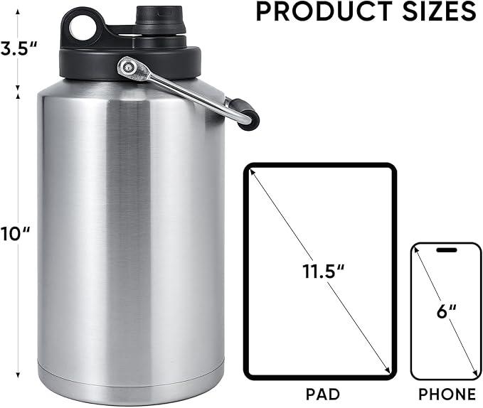 Kerilyn Insulated Gallon Jug with Handle, One Gallon, 128oz Stainless Steel, Large Double Vacuum Water Bottle for Hot & Cold Drinks, Wide Mouth, Sweat Proof, Great for Travel, Camping, Stainless