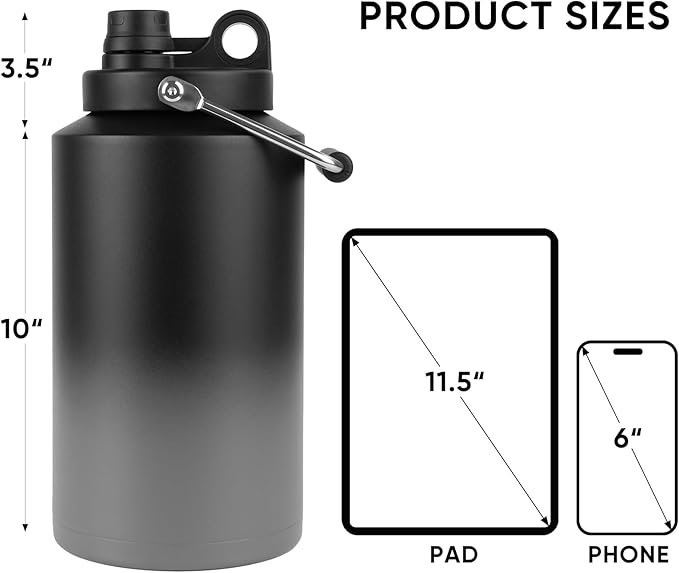 Kerilyn Insulated Gallon Jug with Handle, One Gallon, 128oz Stainless Steel, Large Double Vacuum Water Bottle for Hot & Cold Drinks, Wide Mouth, Sweat Proof, Great for Travel, Camping, Grey Gradient