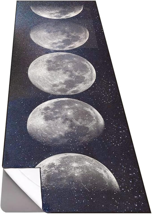 QiyI Yoga Mat Towel with Corner Pockets, Non Slip Sweat Absorbent Hot Yoga Towels, Soft Yoga Blankets with Travel Bag, Skidless Mat Cover for Workout, Gym, Fitness - 70"x26", Moon Cycle