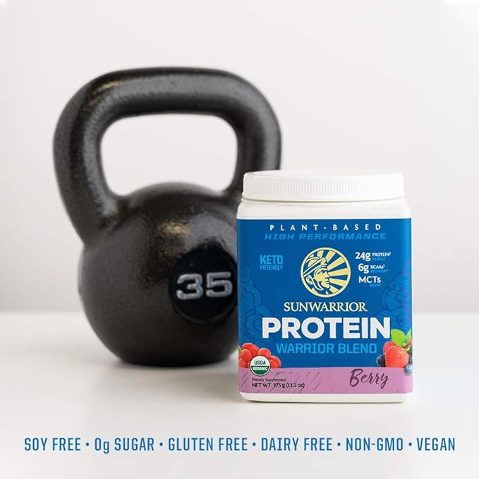 Vegan Protein Powder with BCAA | Organic Hemp Seed Protein Gluten Free Non-GMO Dairy Free Soy Sugar Free Low Carb Plant Based Protein Powder | Berry 15 SRV 375 G | Warrior Blend by Sunwarrior