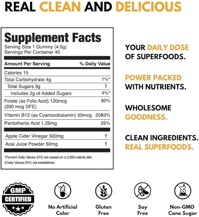 JUGO Apple Cider Vinegar + SUPERFOODS | ACV Gummies with Vitamin B12 & Acai | 40 Count Digestive Support Gummies | Plant-Based, Gelatin- Free, Non-GMO, Made in USA